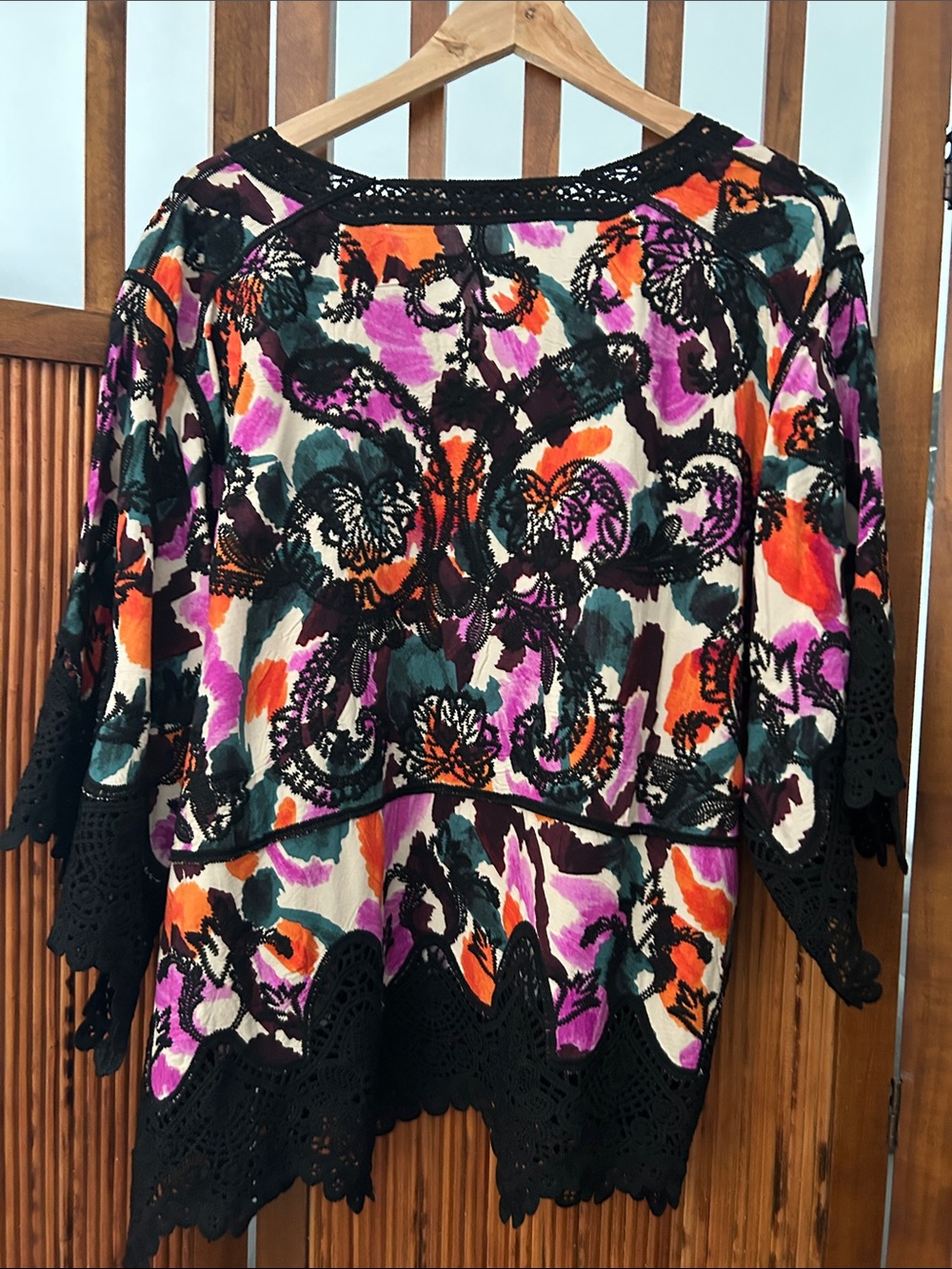 Democracy Floral V-Neck Tunic with Black Crochet Trim in Purple, Orange & Green - Picture 12 of 16